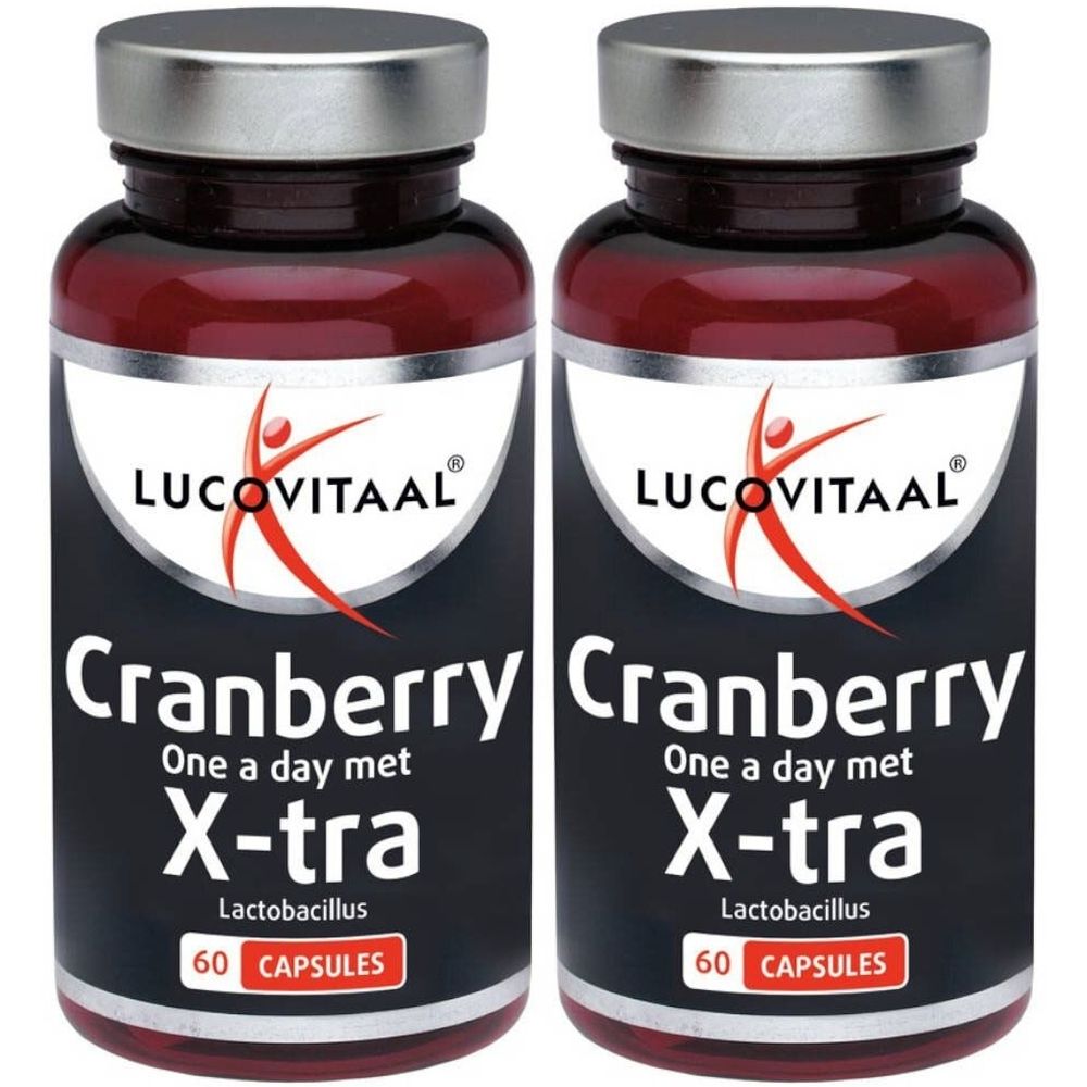 Zwei Flaschen mit Kapseln. Aufschrift: LUCOVITAAL Cranberry X-tra Lactobacillus. 60 Kapseln. Silberner Deckel, dunkelrotes Glas.