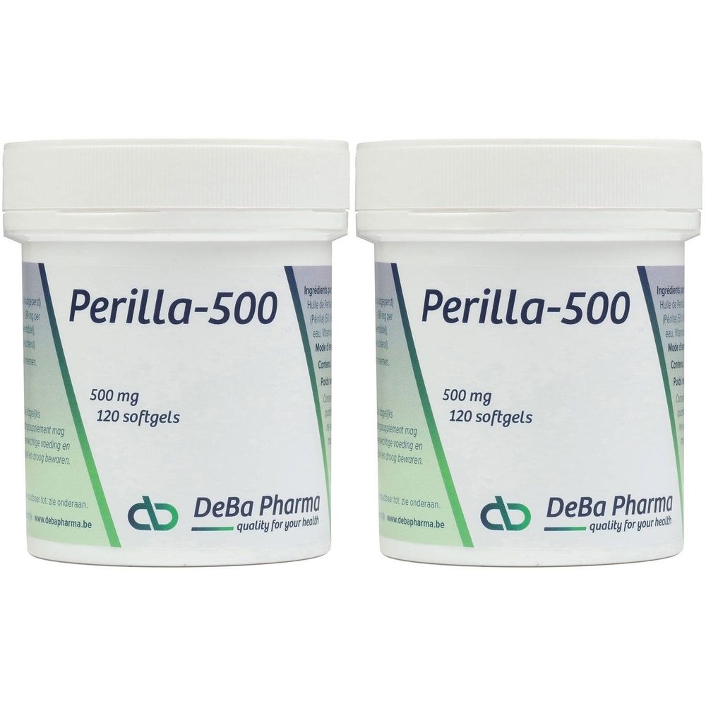 Deux pots blancs avec couvercles. Inscription: Perilla-500, 500 mg, 120 gélules. Logo et texte DeBa Pharma.