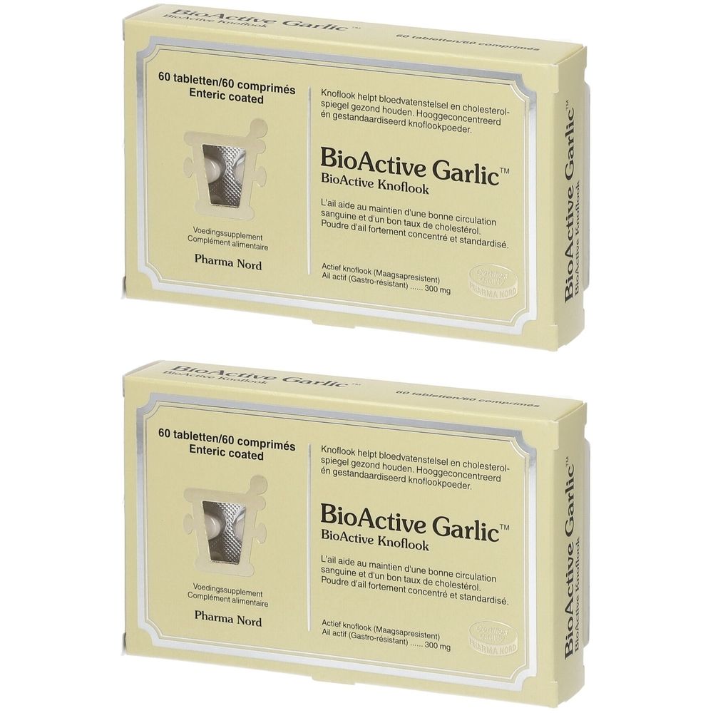 Zwei Packungen Pharma Nord BioActive Garlic. Jede Schachtel enthält 60 Tabletten. Aufdruck: BioActive Garlic, 300 mg.