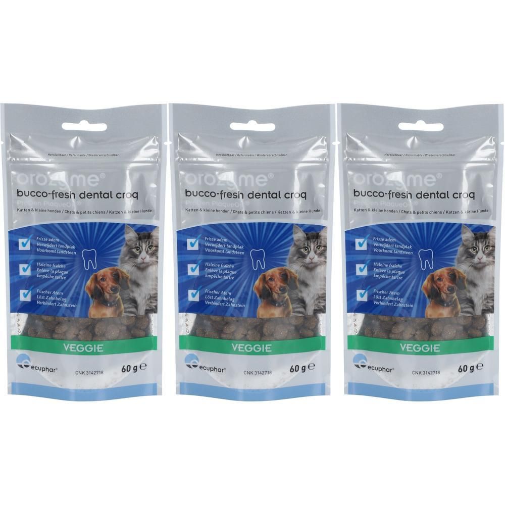 Drei Beutel Orozyme Bucco Fresh Dental Croq. Aufdruck: Katze, Hund, Zähne, Veggie, 60 g.