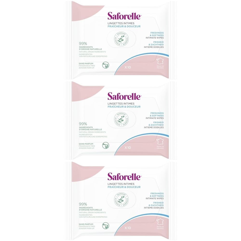 Drei Packungen Saforelle Intim-Feuchttücher. Weiße Verpackung mit rosa Akzenten. Text: „Lingettes Intimes Fraîcheur & Douceur“.