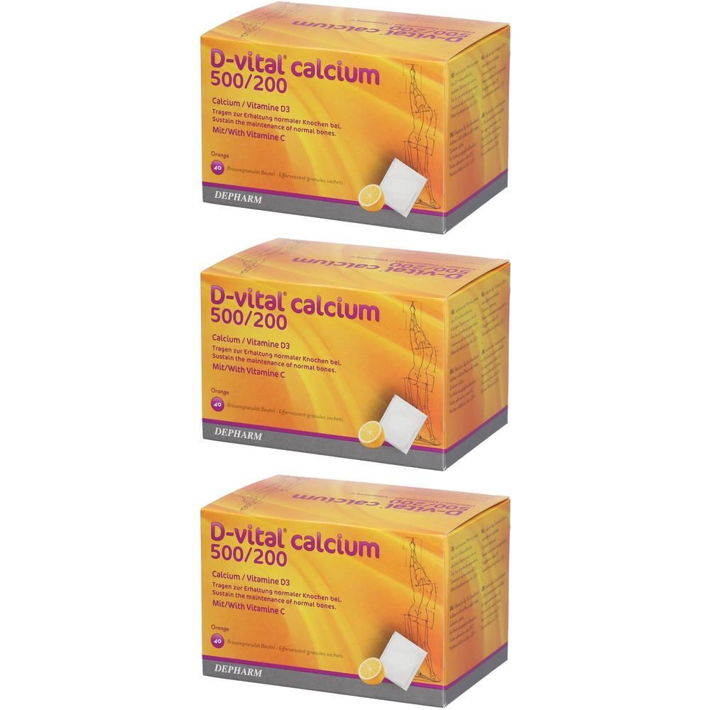 Trois boîtes de D-Vital Calcium 500/200 Orange. Inscription : Calcium/Vitamine D3, Mg/avec vitamine C. Emballage jaune-orange.