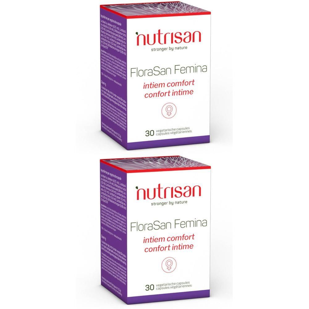 Zwei Packungen Nutrisan FloraSan Femina. Weiße Schachteln mit lila Akzenten. Text: FloraSan Femina, intiem comfort, confort intime. 30 Kapseln.