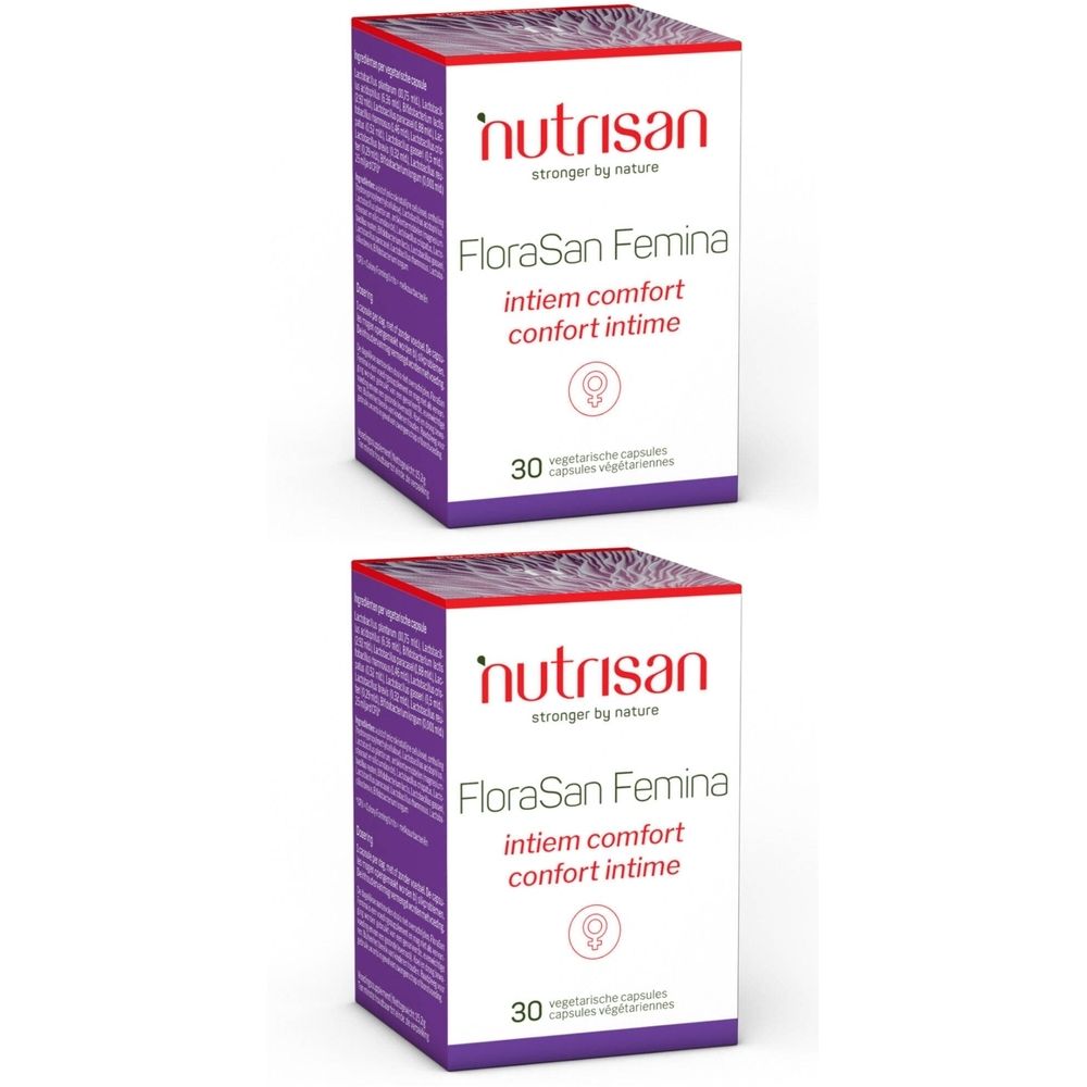 Deux boîtes de Nutrisan FloraSan Femina. Boîtes blanches avec accents violets. Texte: FloraSan Femina, intiem comfort, confort intime. 30 gélules.