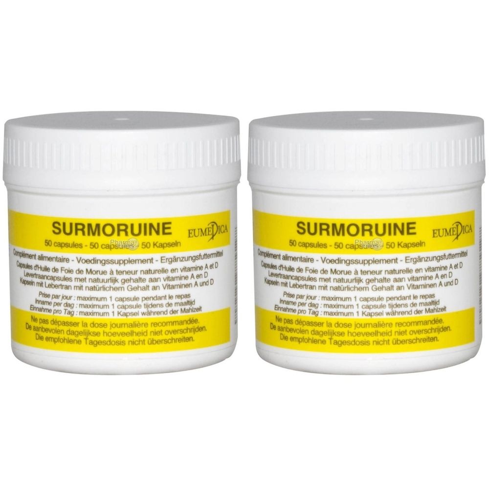 Deux pots blancs avec étiquettes jaunes. Inscription SURMORUINE, 50 capsules. Logo EUMEDICA.
