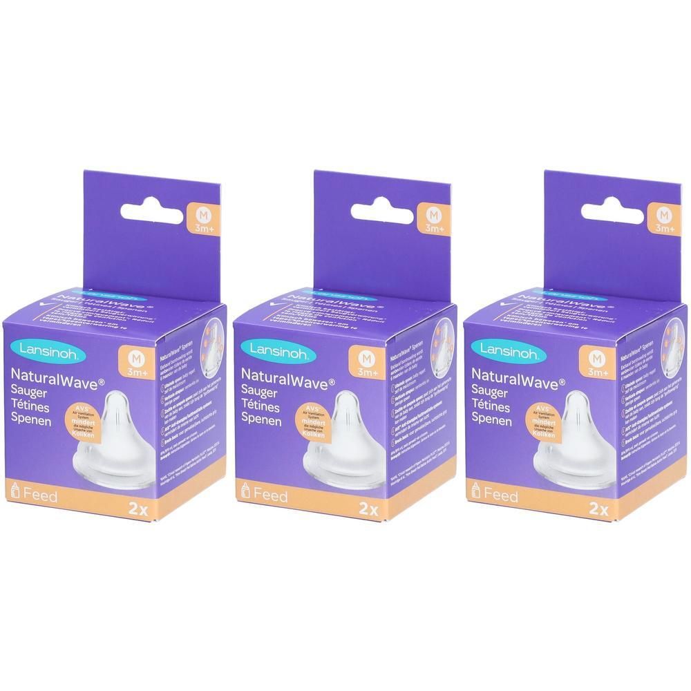 Drei Packungen Sauger. Jede Packung enthält zwei Sauger. Aufdruck: NaturalWave, mittlerer Milchfluss. Lila und gelbe Verpackung.