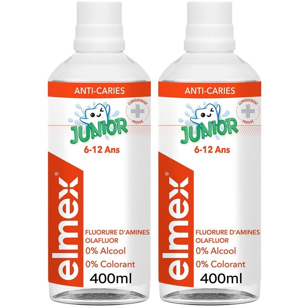 Zwei Flaschen elmex® Junior Zahnspülung. Weißes Flaschenmaterial, orangefarbene Etiketten mit Produktinformationen und Logo.