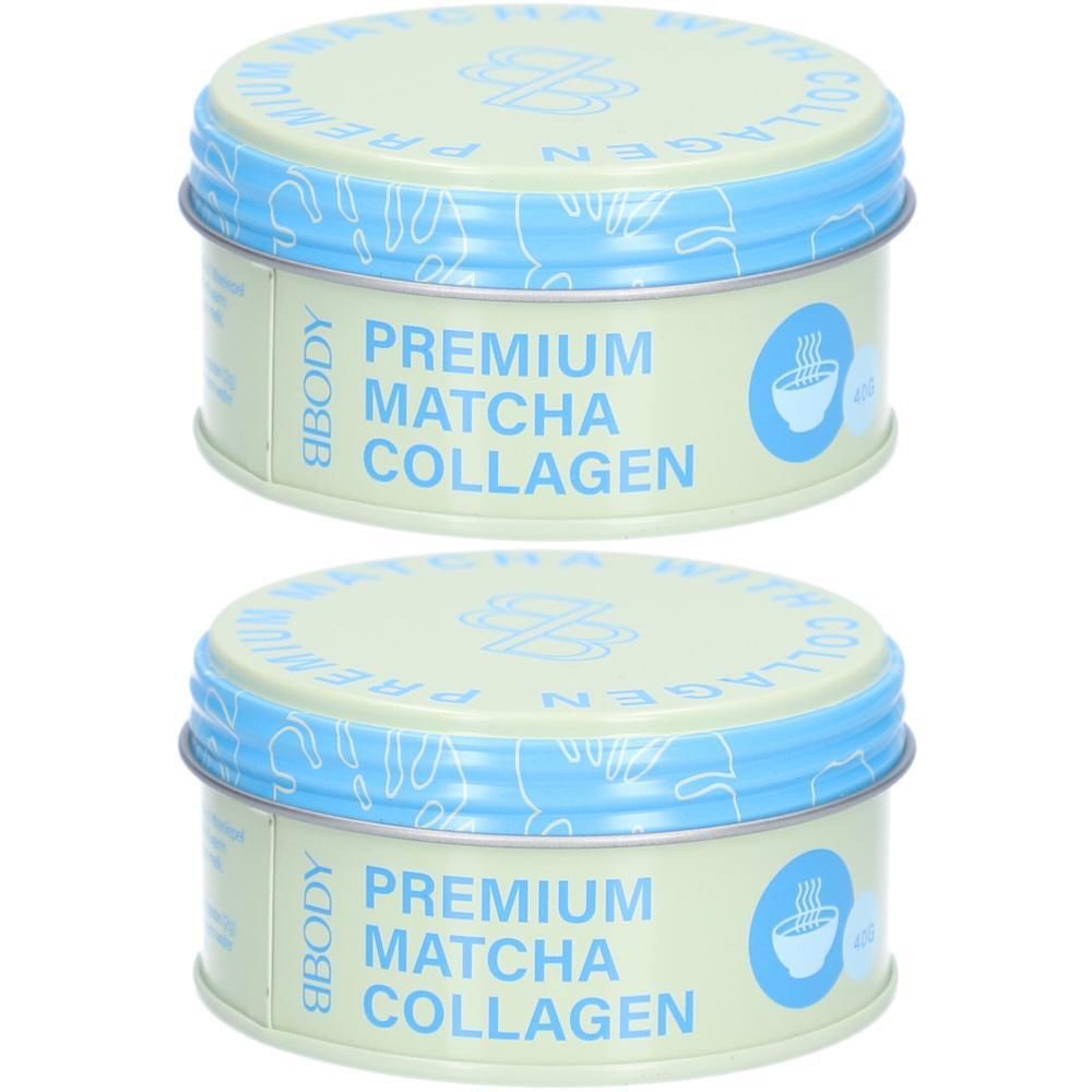 Zwei runde Dosen BBODY Matcha Kollagen Pulver. Hellgrüne Dosen mit blauem Deckel. Aufschrift: Premium Matcha Collagen.