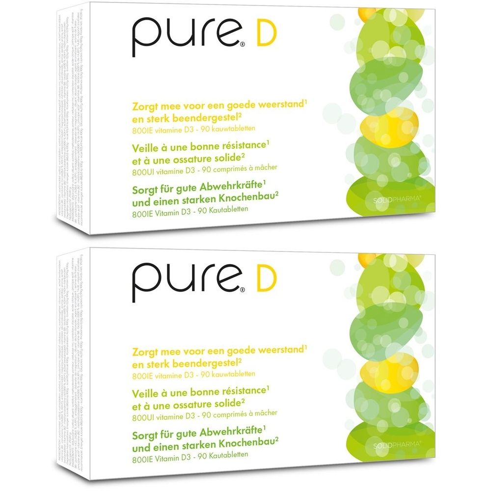 Deux boîtes blanches avec logo "pure. D" et texte. Illustration verte et jaune. Texte en allemand, français et néerlandais.