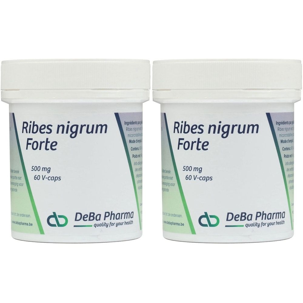 Zwei weiße Behälter mit Deckel. Aufschrift: Ribes nigrum Forte, 500 mg, 60 V-caps. Logo DeBa Pharma.