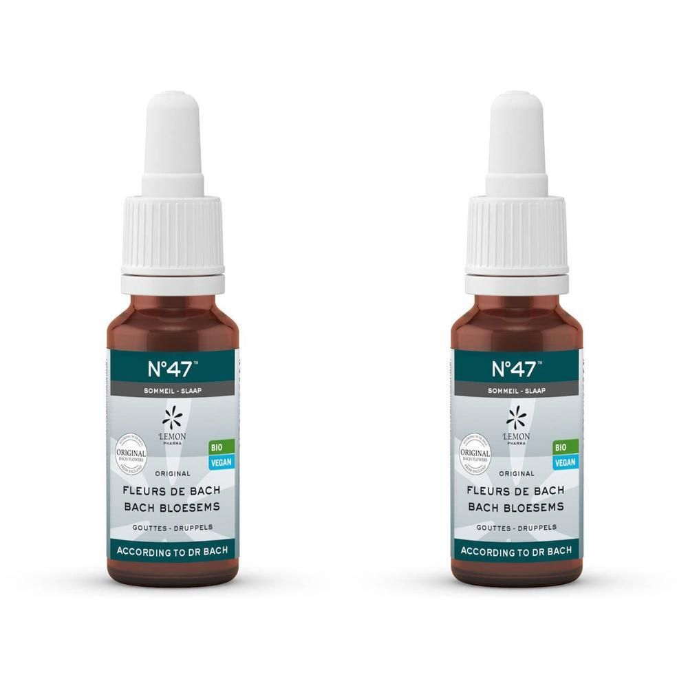 Deux flacons en verre brun avec bouchons blancs. Inscription: N°47, Fleurs de Bach, Bach Bloesems. Avec compte-gouttes.
