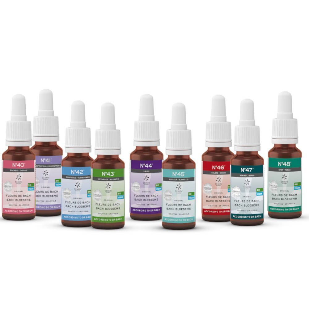 Huit flacons de différentes couleurs. Inscription: N°40 à N°47, Fleurs de Bach, Bach Bloesems. Avec compte-gouttes.