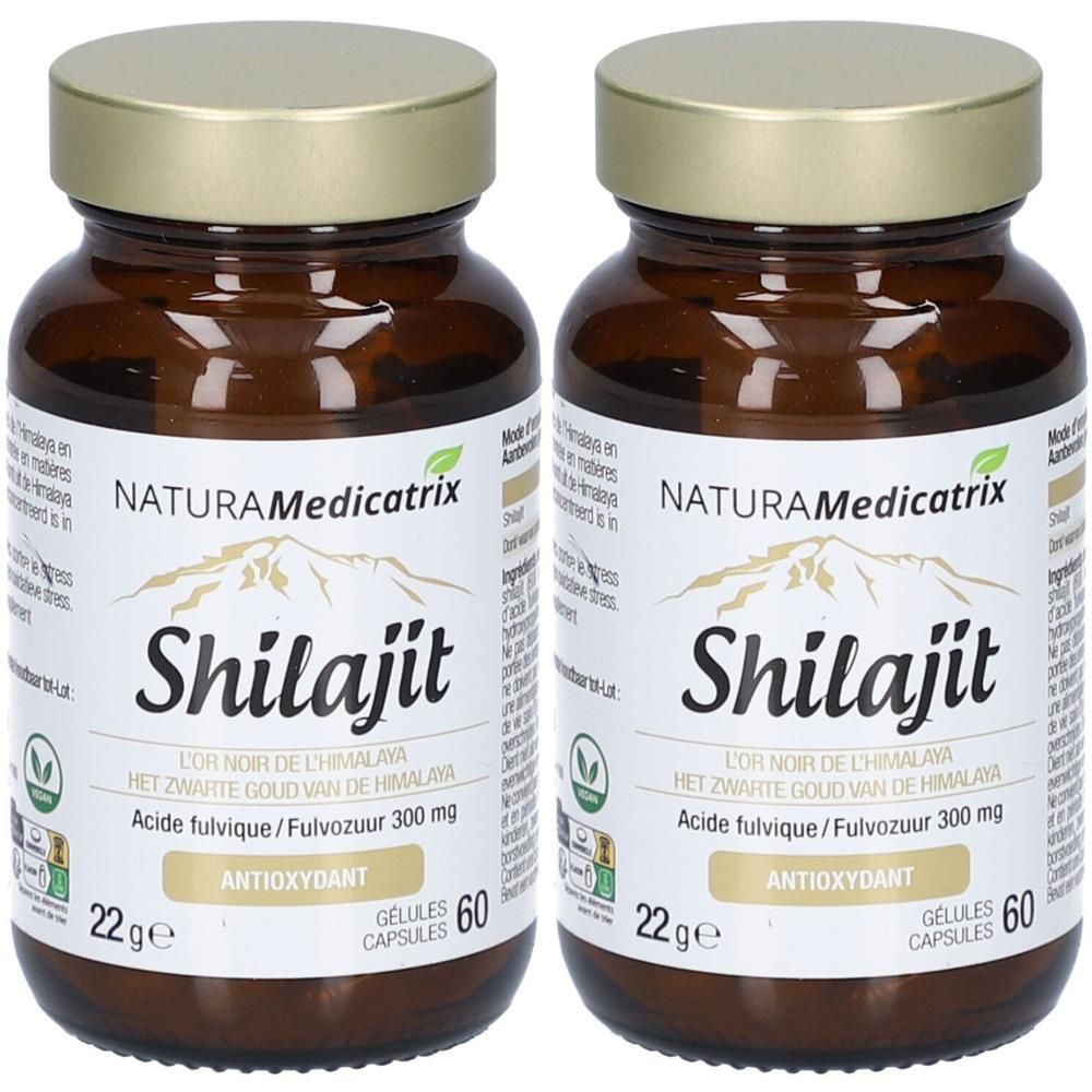 Zwei Flaschen Shilajit-Kapseln. Braune Glasflaschen mit goldenen Deckeln. Etikett mit Produktname, Inhaltsstoffen und Logo.