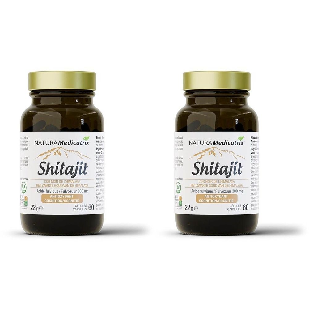 Deux flacons de gélules de Shilajit. Flacons en verre brun avec bouchons dorés. Étiquette avec nom du produit, ingrédients et logo.