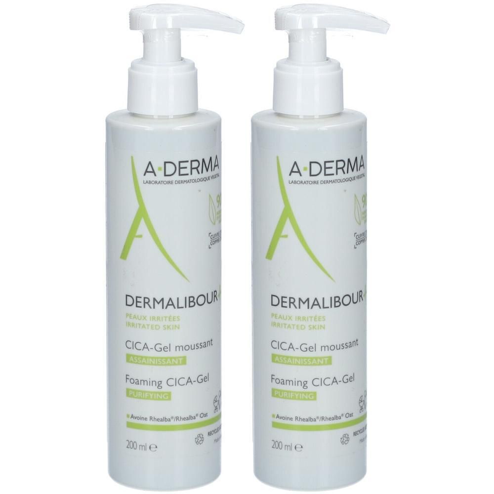 Zwei Flaschen A-DERMA DERMALIBOUR CICA-Gel. Weiße Pumpflaschen mit grüner Schrift und Logo. Text: CICA-Gel moussant.