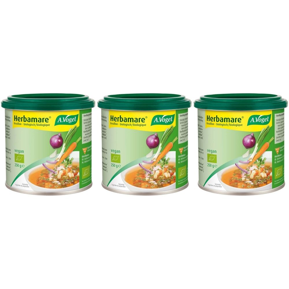 Drei Dosen mit grünem Deckel. Aufschrift Herbamare A.Vogel. Abbildung von Gemüse und Suppe. Vegan-Logo. Bio-Zertifizierung.