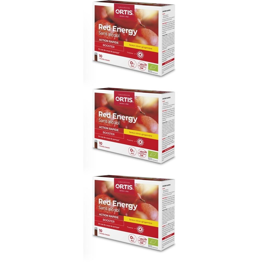 Trois boîtes Ortis® Red Energy. Inscription: Red Energy, Sans alcool, Booster. Avec label bio et 0% alcool.