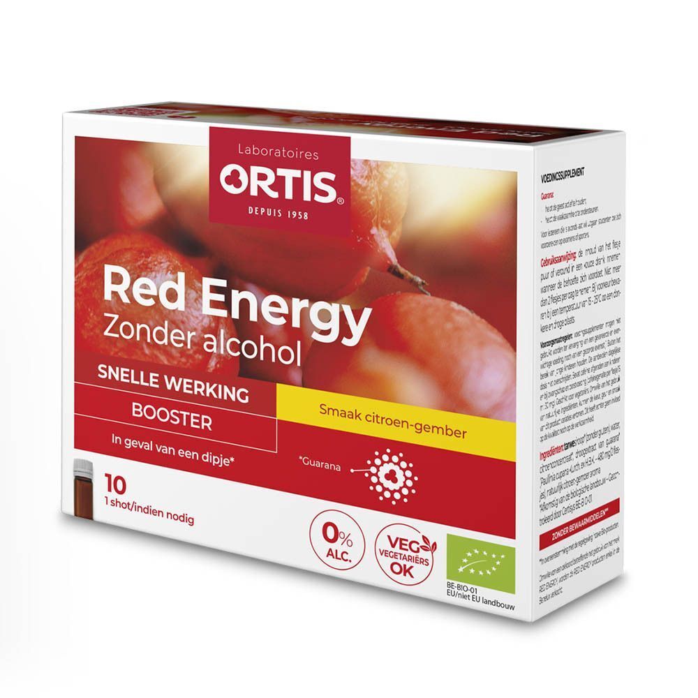 Ortis® Red Energy Karton. Aufdruck: Red Energy, Zonder alcohol, Booster. Mit Bio-Siegel und 0% Alkohol. Geschmack: Zitrone-Ingwer.