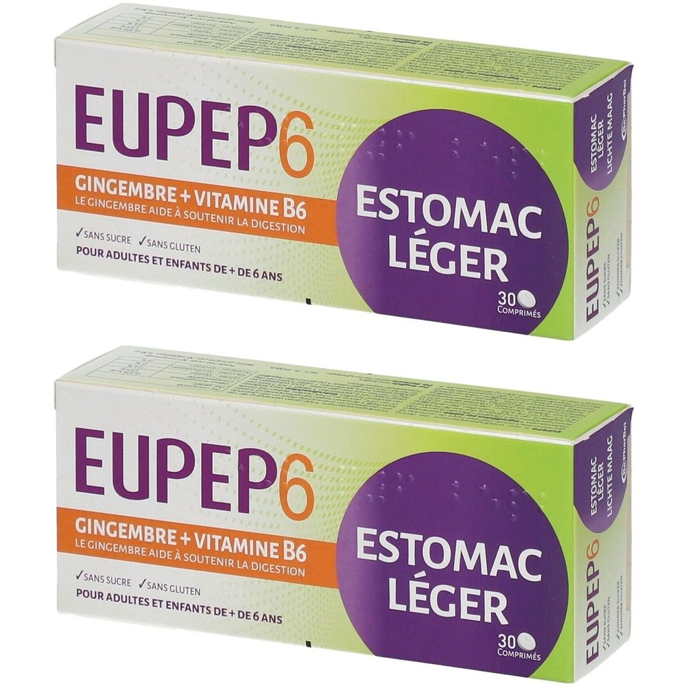 Zwei Schachteln Eupep6. Aufschrift: Ingwer + Vitamin B6, für Erwachsene und Kinder ab 6 Jahren. Auf jeder Schachtel steht „Estomac Léger“.