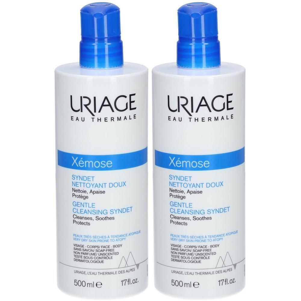 Zwei Flaschen Uriage Xemose Syndet. Weiße Flaschen mit blauem Pumpkopf. Text: Gentle Cleansing Syndet, 500ml.