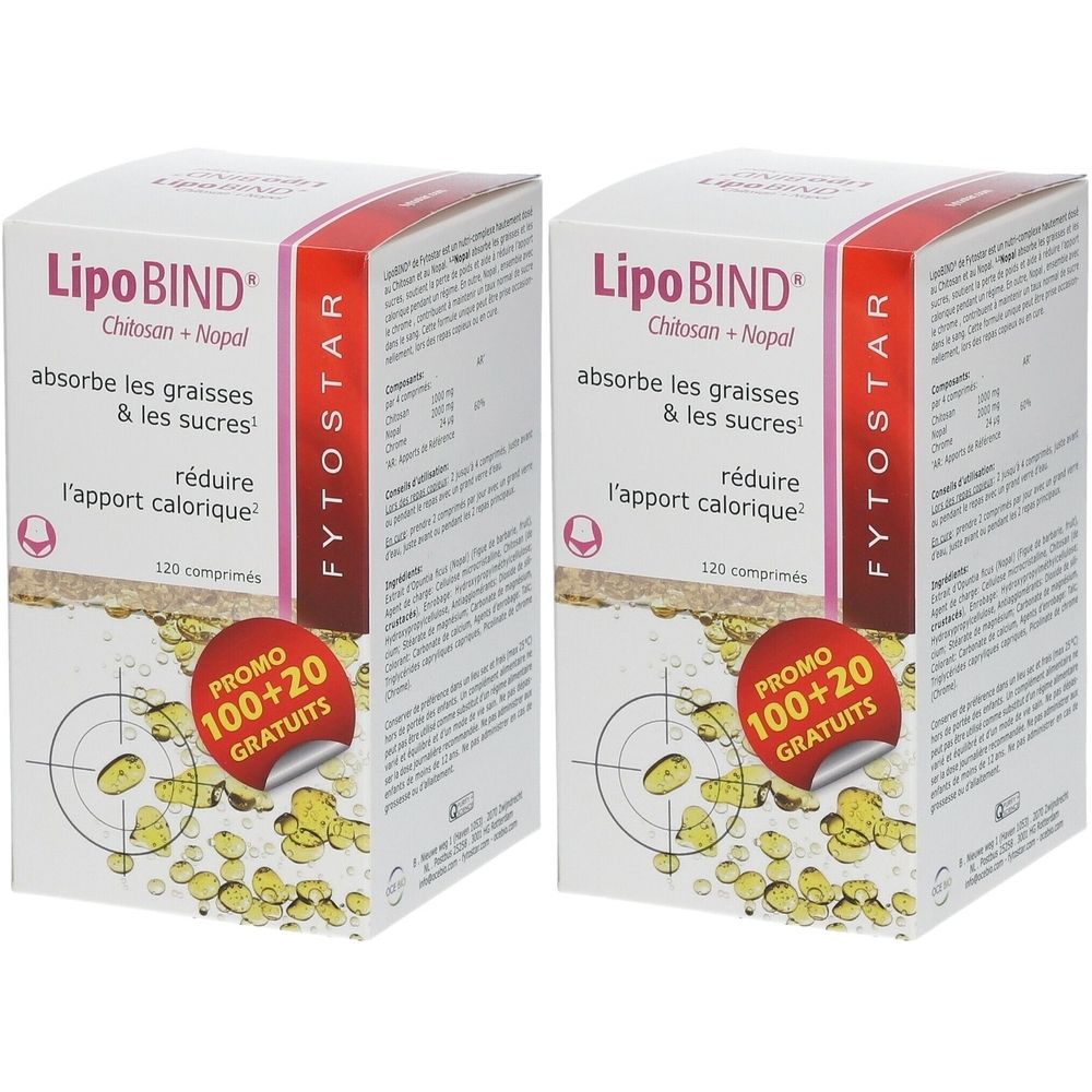 Deux boîtes de FYTOSTAR LipoBIND® Chitosan + Nopal. Inscription: absorbe les graisses & les sucres, réduit l'apport calorique. Promo 100+20 gratuits.