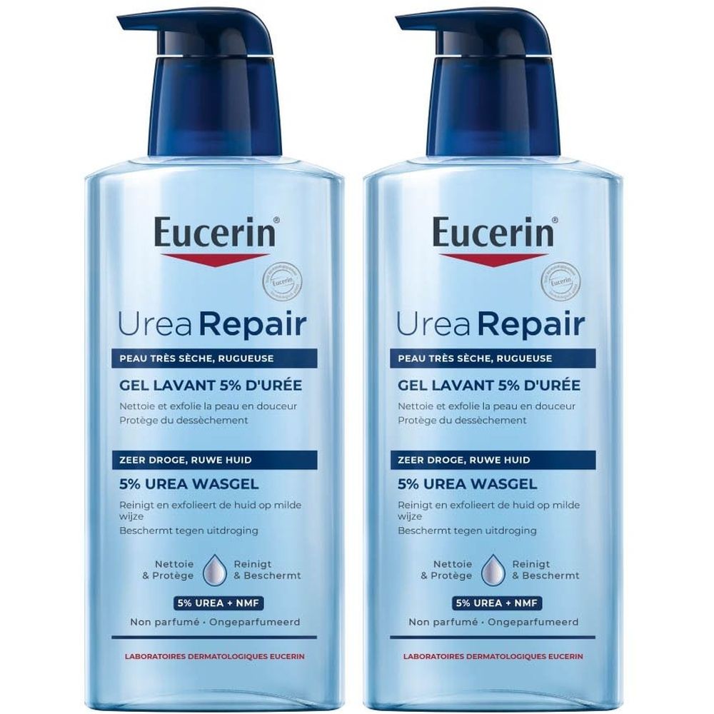 Zwei Flaschen Eucerin UreaRepair Waschgel. Blaue Flaschen mit schwarzem Pumpkopf. Produktbezeichnungen in mehreren Sprachen.