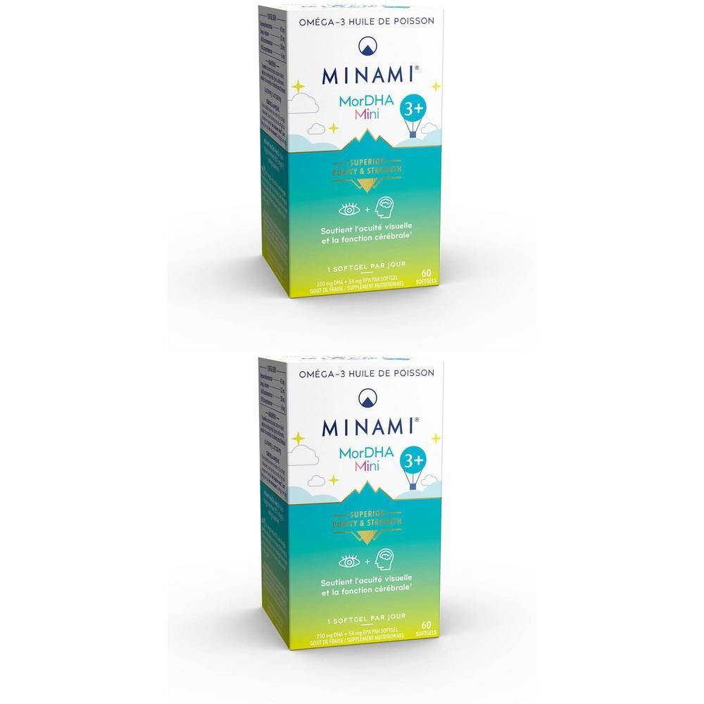 Zwei Packungen MorDHA® MINI 3+ OMEGA-3 Fisch Öl. Grün-gelbe Verpackung mit Produktnamen und Logo. Enthält Fisch Öl.