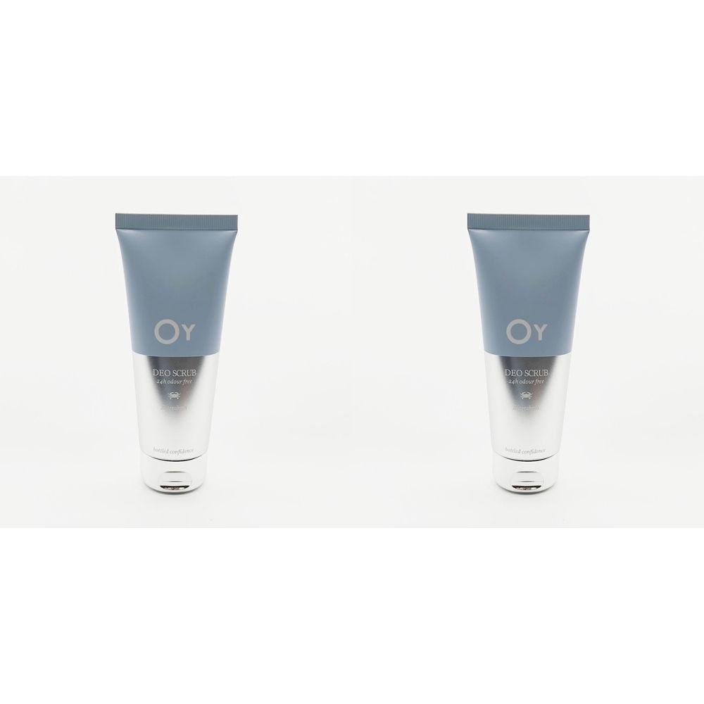 Deux tubes avec bouchon bleu et corps argenté. Logo OY et texte 'DEO SCRUB' visibles.