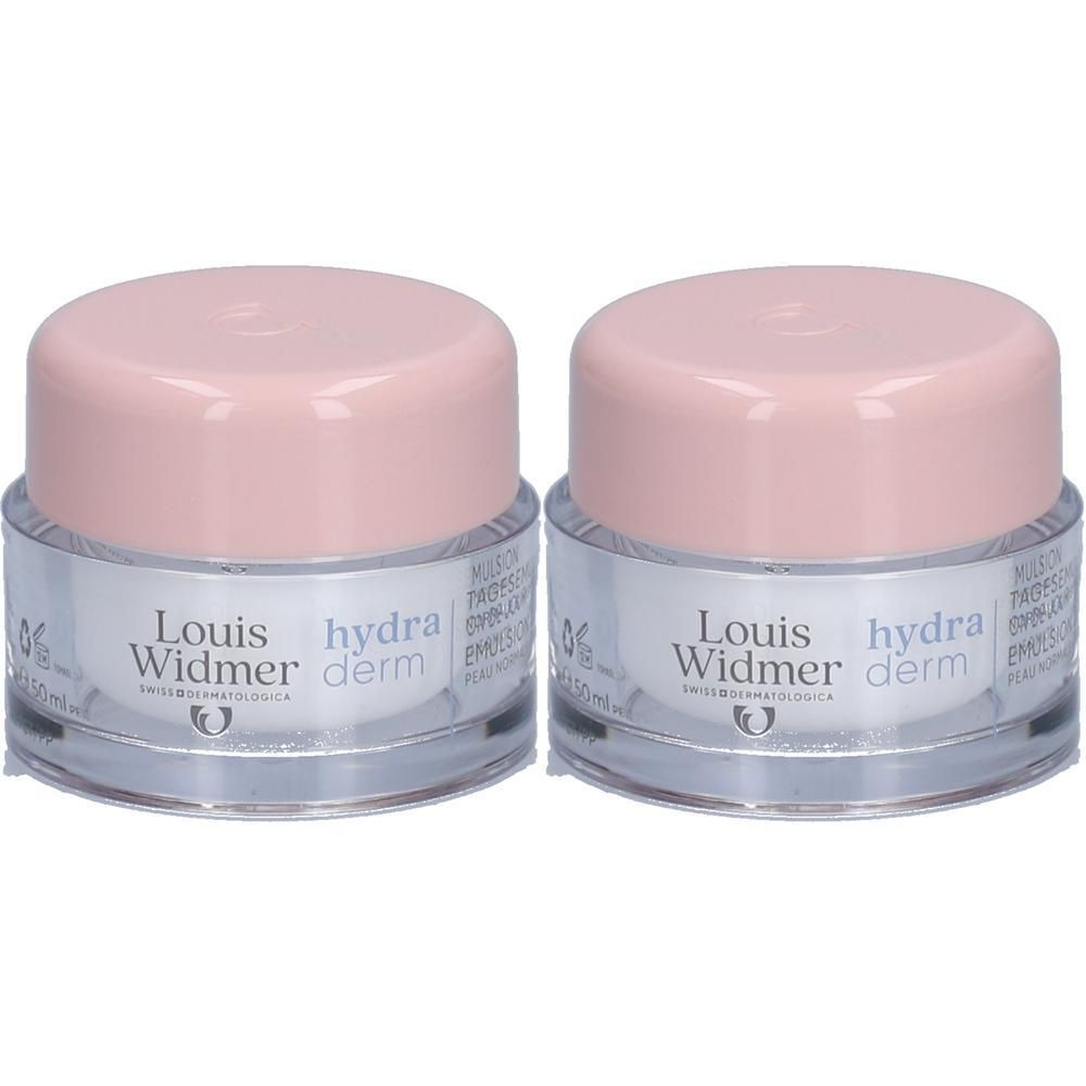 Zwei Tiegel Louis Widmer hydra derm Tagesemulsion. Glasbehälter mit rosa Deckel. Aufschrift: hydra derm, Louis Widmer.