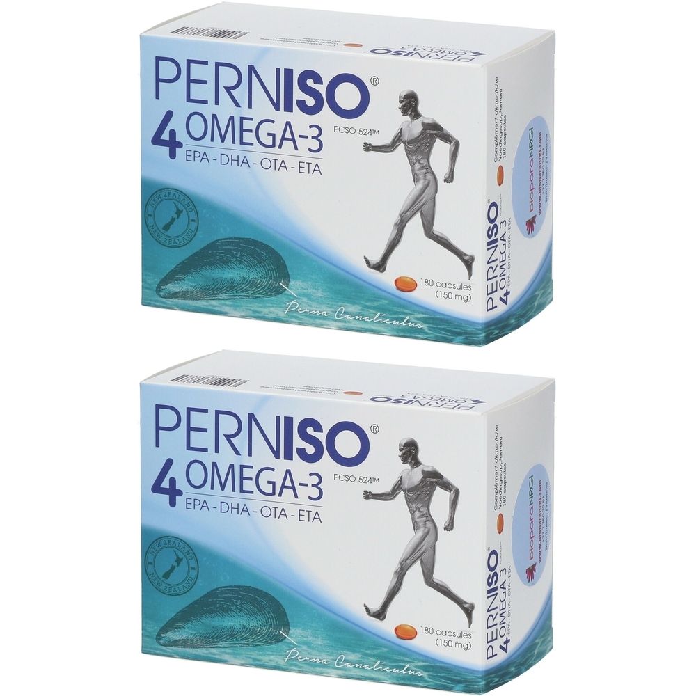 Deux boîtes de Perniso 4 Omega-3. Inscription : PCSO-524, EPA-DHA-OTA-ETA. Illustration d'un homme.