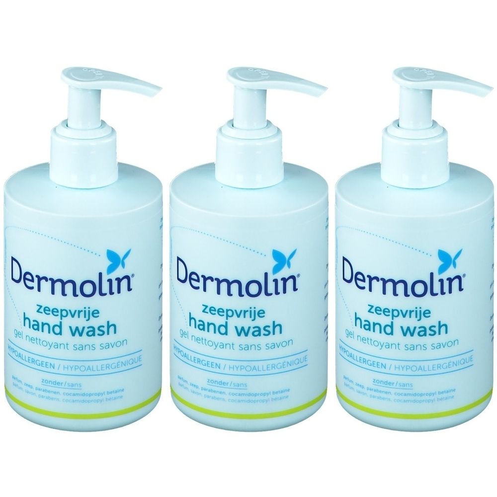 Trois flacons de Dermolin Hand Wash. Flacons bleu clair avec pompe. Texte: zeepvrije hand wash, gel nettoyant sans savon.
