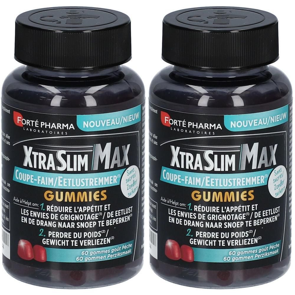 Zwei Flaschen FORTE PHARMA Xtra Slim Max Gummibärchen. Schwarze Deckel, Etiketten mit Produktinformationen. 60 Gummis pro Flasche.