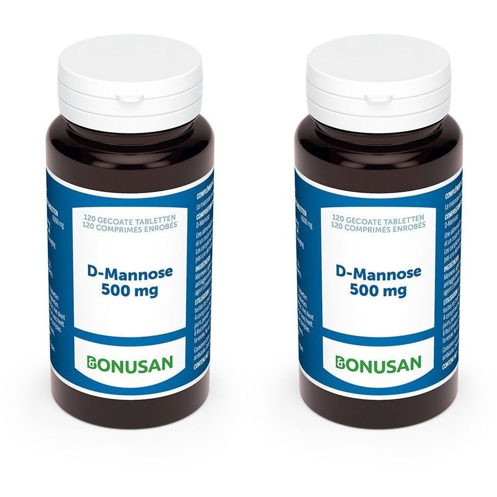 Zwei Flaschen mit weißen Deckeln. Auf den Etiketten steht "D-Mannose 500 mg" und "BONUSAN".