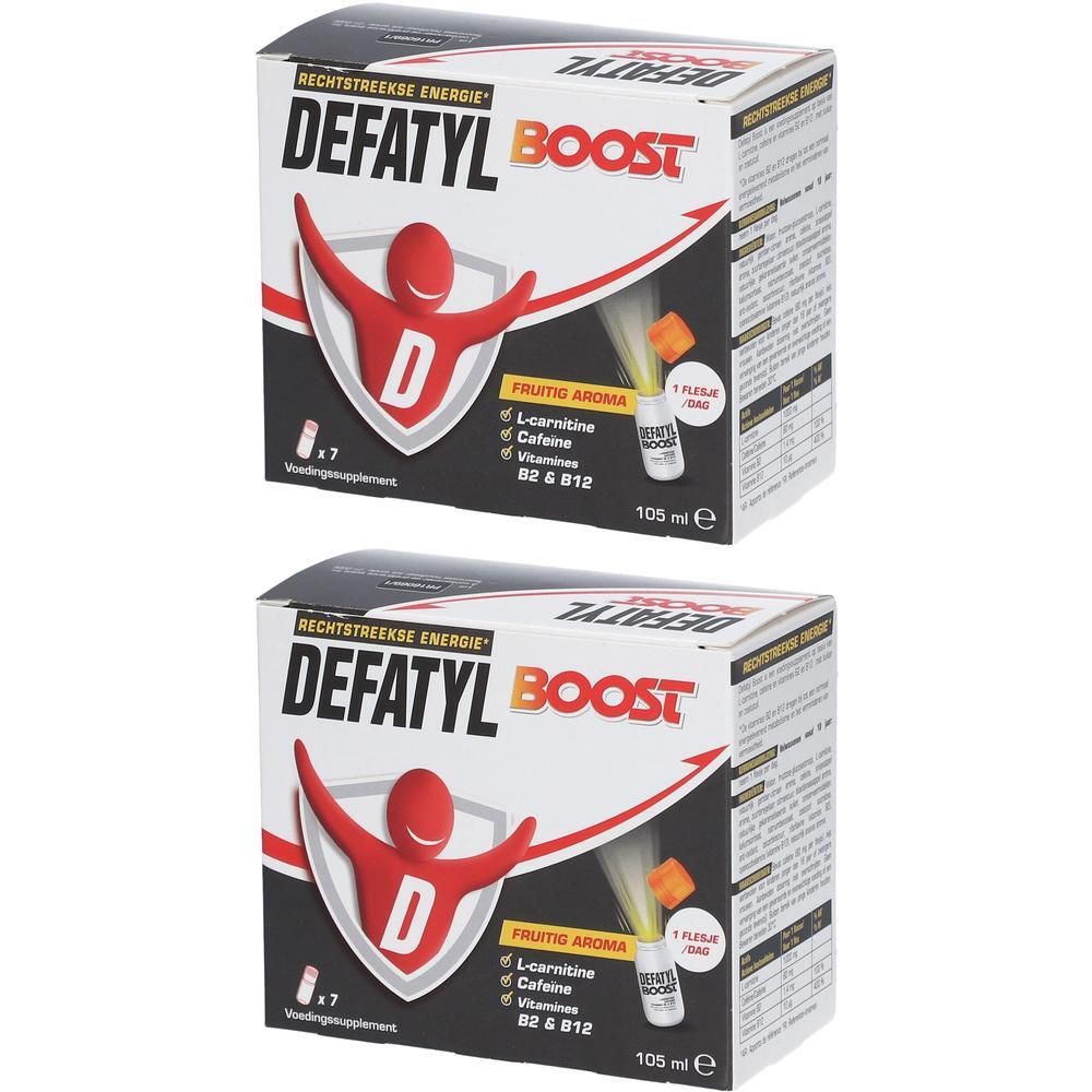 Zwei Schachteln Defatyl-Boost. Aufdruck: "Rechtstreekse Energie". Enthält L-Carnitin, Koffein, Vitamine B2 & B12. 105 ml.