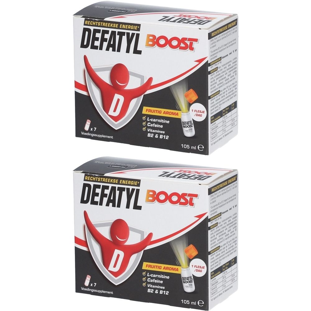 Deux boîtes de Defatyl-Boost. Inscription : "Rechtstreekse Energie". Contient L-Carnitine, caféine, vitamines B2 & B12. 105 ml.