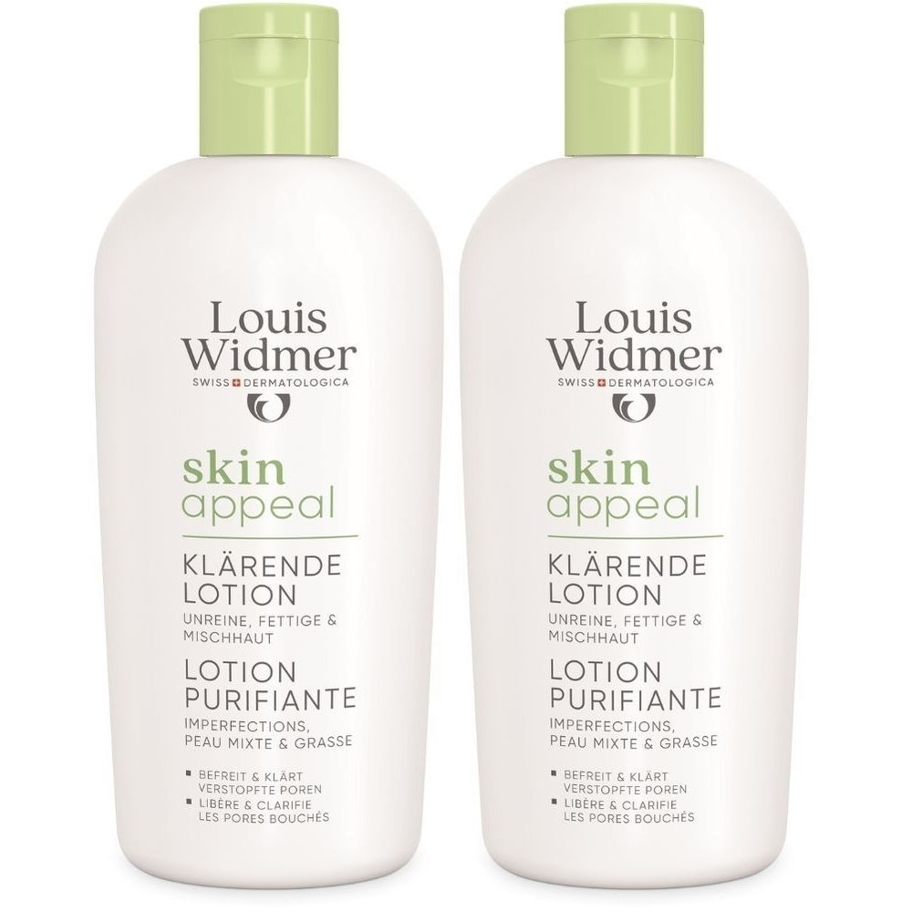 Deux flacons blancs avec bouchons verts. Inscription: Louis Widmer, Skin Appeal Lotion Purifiante.