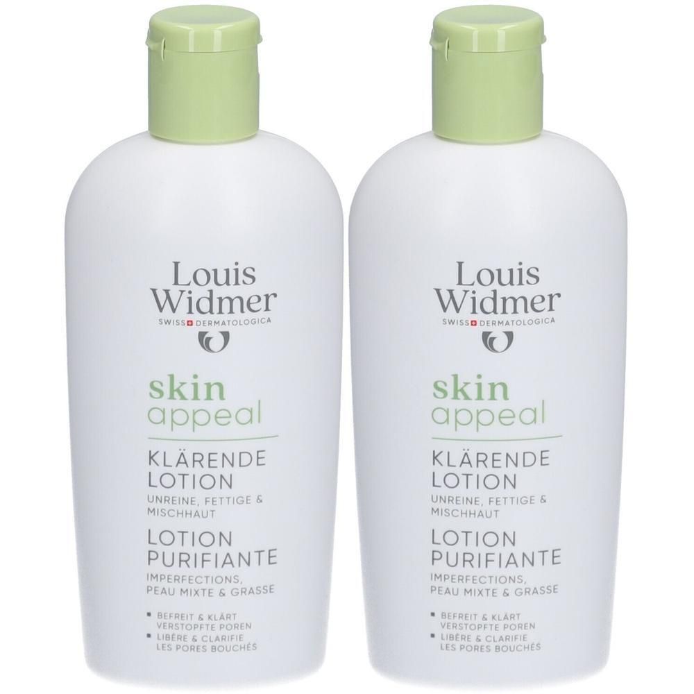 Deux flacons blancs avec bouchons verts. Inscription: Louis Widmer, Skin Appeal Lotion Purifiante.