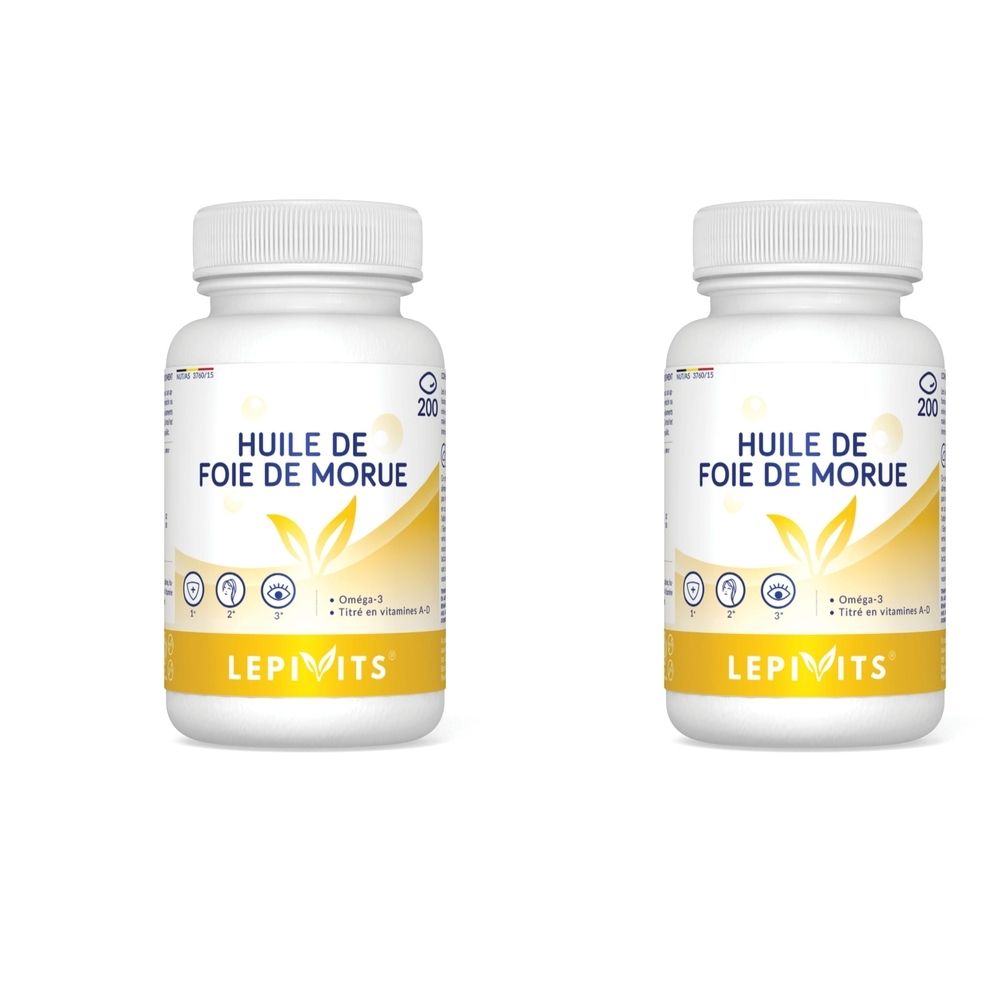 Zwei weiße Flaschen mit Schraubverschluss. Aufschrift: HUILE DE FOIE DE MORUE, LEPIVITS. Gelbes Etikett mit Blattmotiv und Symbolen.