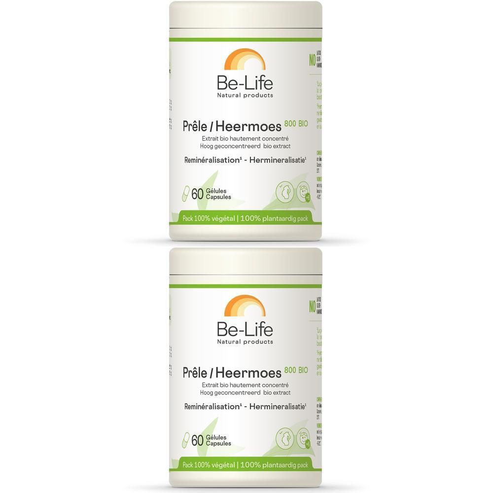 Zwei weiße Behälter mit grüner und orangefarbener Beschriftung. Aufschrift: Be-Life, Prêle/Heermoes, 60 Kapseln, Bio.