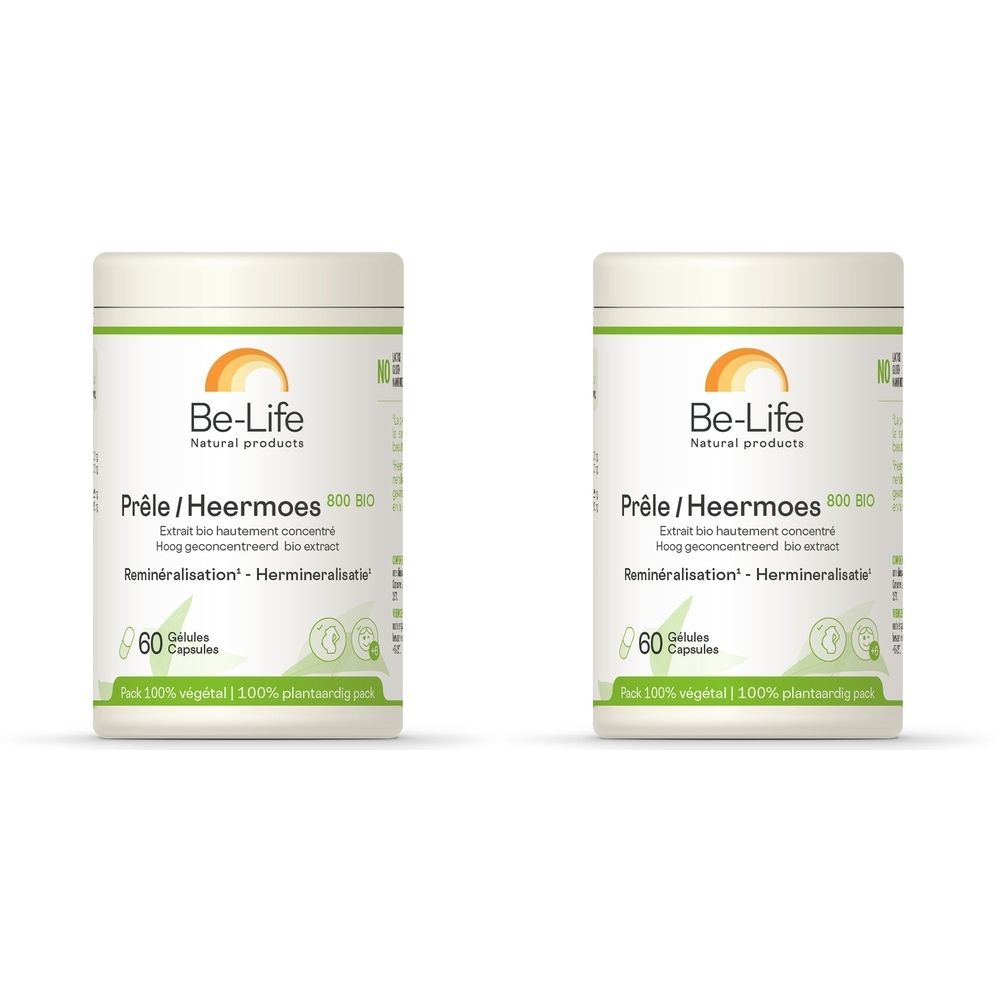 Deux boîtes blanches avec inscriptions vertes et oranges. Inscription: Be-Life, Prêle/Heermoes, 60 gélules, Bio.