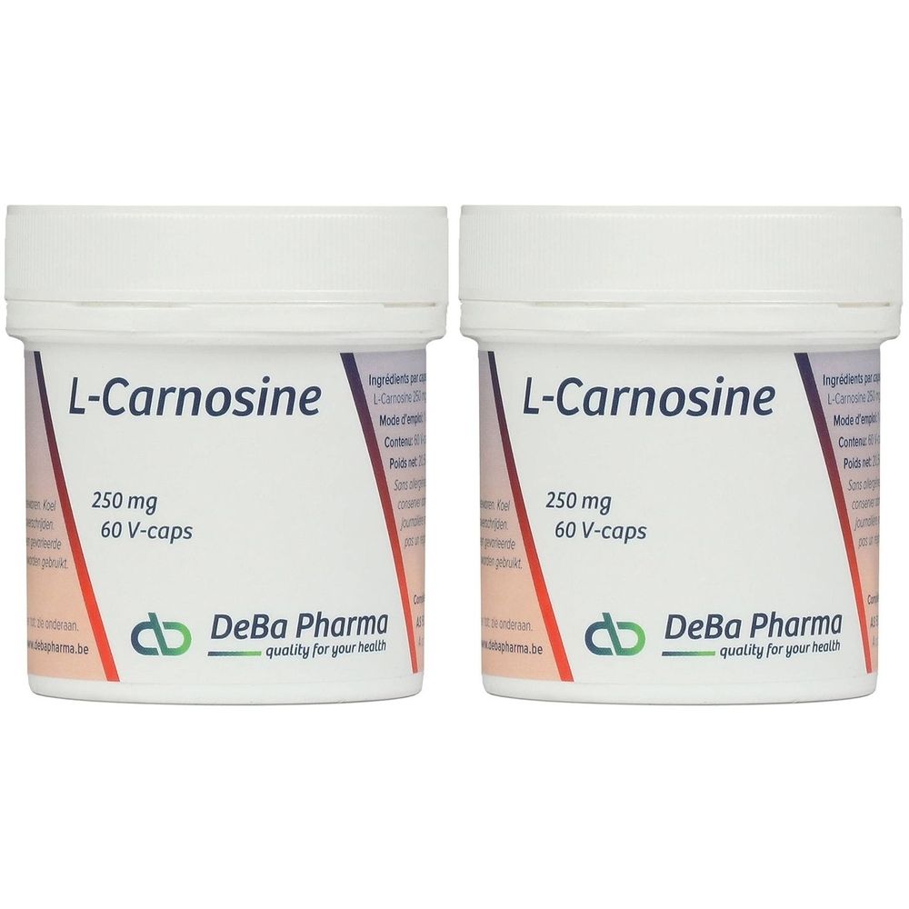 Deux pots blancs avec l'inscription "L-Carnosine 250 mg 60 V-caps". Logo DeBa Pharma. Inscription "quality for your health".