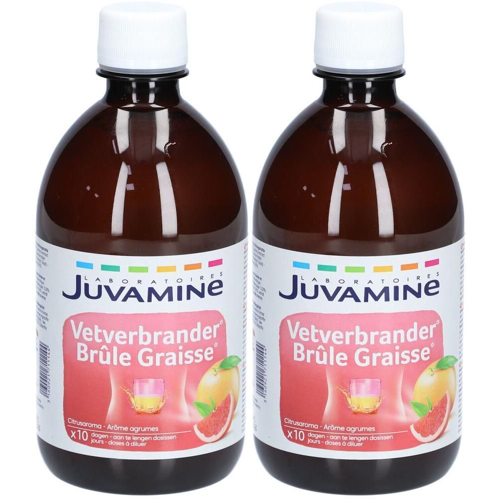 Zwei Flaschen JUVAMINE Fat Burner. Braune Flaschen mit weißem Deckel. Etikett mit Produktname und Abbildung einer Grapefruit.