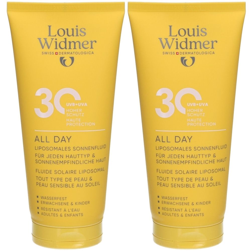 Zwei gelbe Tuben Louis Widmer All Day SPF30. Aufschrift: 30, UVB+UVA, Sonnenschutz, All Day, liposomale Sonnenfluid.