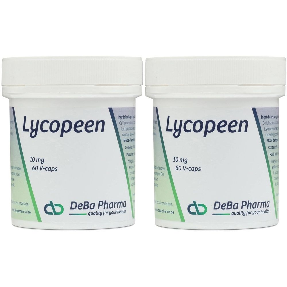 Deux pots blancs avec couvercles. Inscription "Lycopeen 10 mg 60 V-caps". Logo et texte "DeBa Pharma quality for your health".