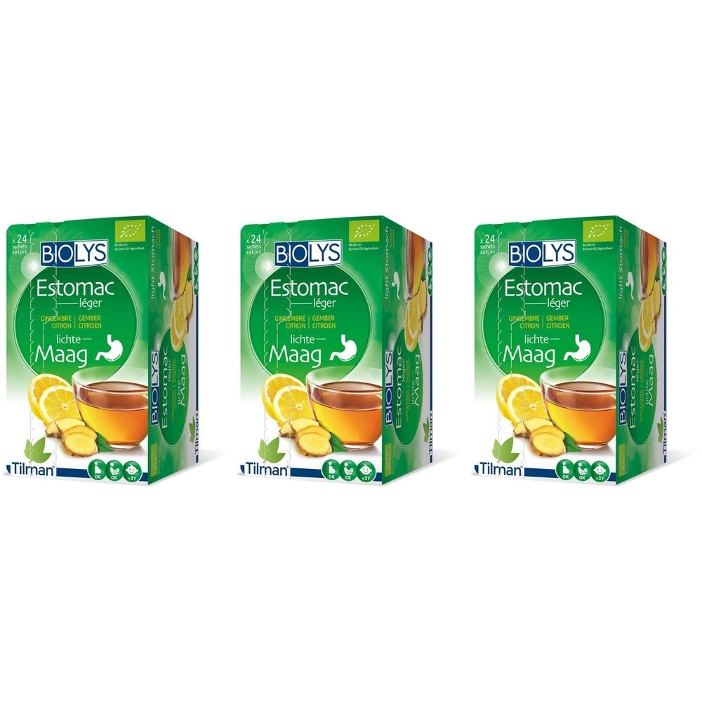 Drei grüne Schachteln mit Produktabbildung und Text. Sichtbar: BIOLYS, Estomac, Ingwer, Zitrone, Bio-Siegel.