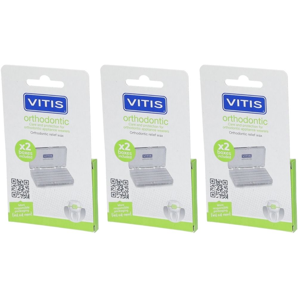 Trois emballages de cire orthodontique VITIS® en blister. Chaque emballage contient deux boîtes de cire.