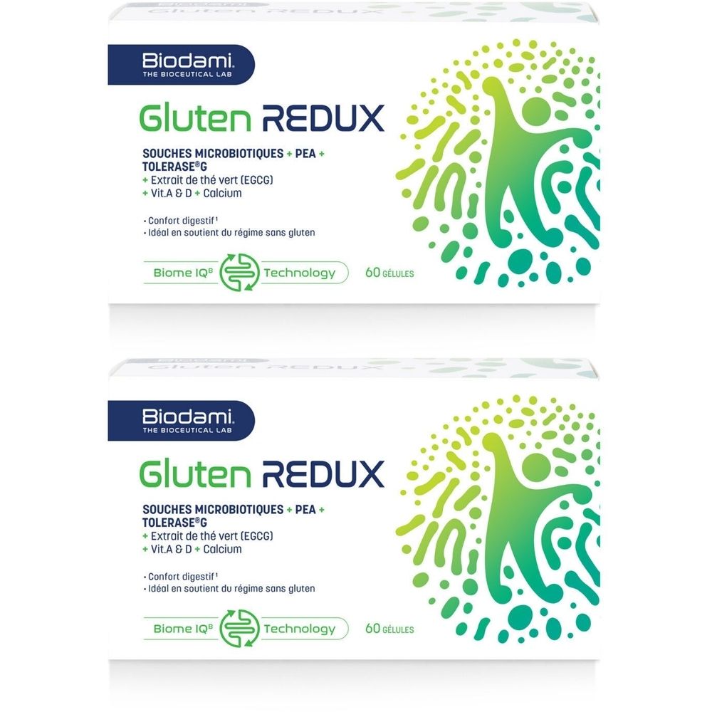 Deux boîtes de Biodami Gluten Redux. Emballage blanc avec accents verts et bleus. Texte: Gluten Redux, 60 gélules.