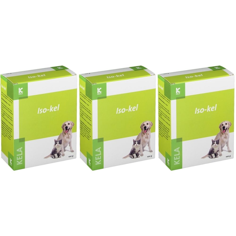 Drei Kartons mit der Aufschrift "Iso-kel". Auf jedem Karton sind ein Hund und eine Katze abgebildet. Das Logo "K" ist oben links.