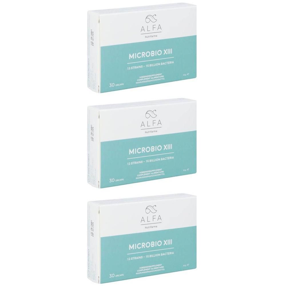 Drei Schachteln mit Produktaufdruck. Oben: Marke Alfa, Produktname Microbio XIII, 30 Stück.