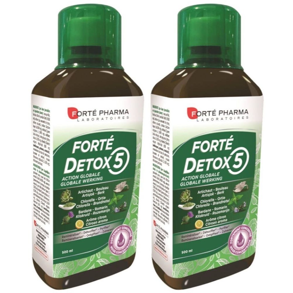 Deux flacons de Forté Pharma Forté Detox 5. Liquide brun dans des bouteilles vertes avec bouchon vert. Étiquette avec nom et ingrédients.